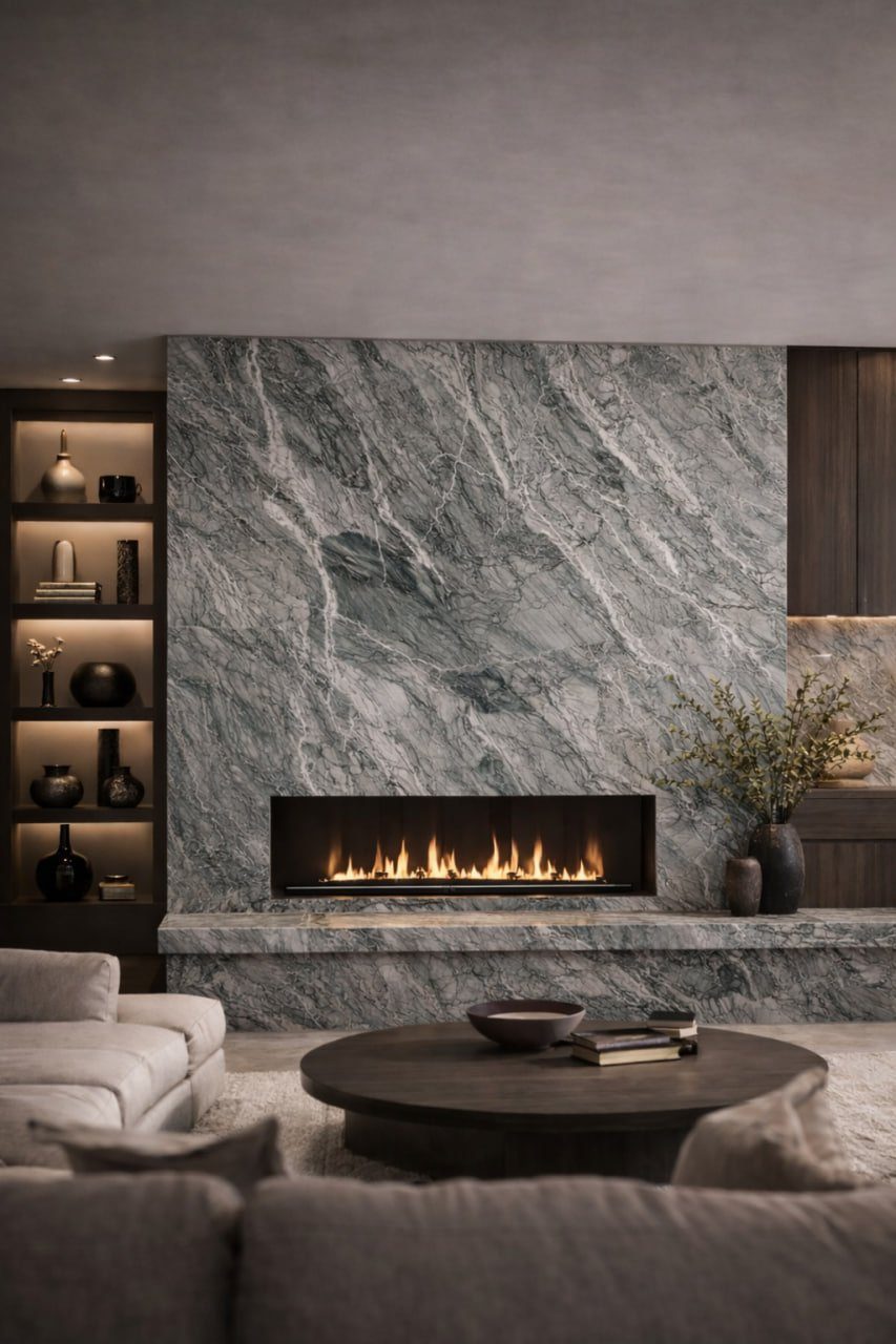 Grey marble fireplace