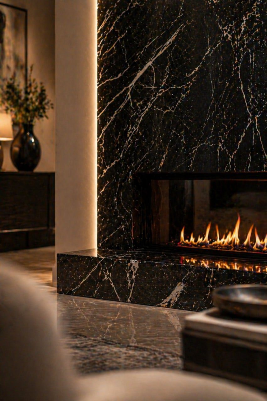 Black marble fireplace detail