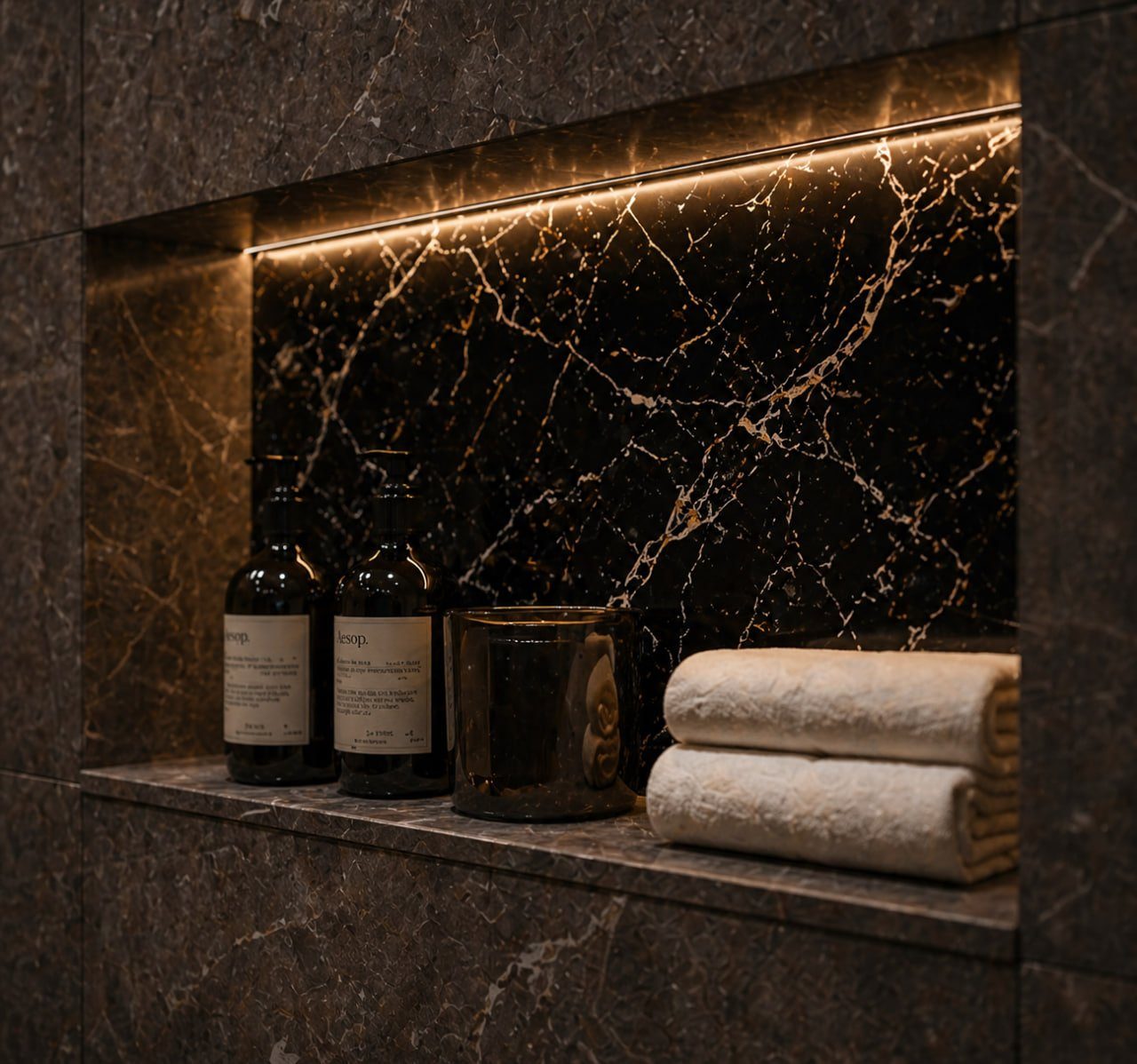 Dark marble shower niche