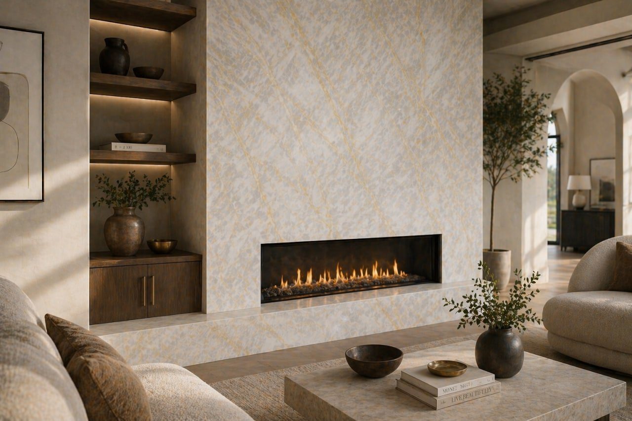 Cream marble fireplace