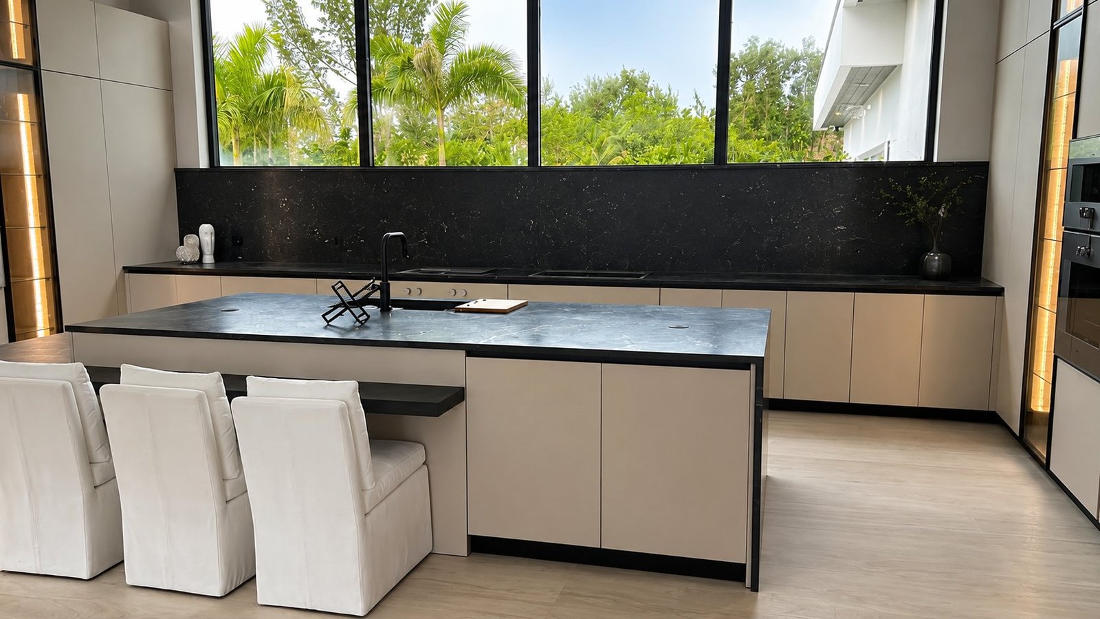 Black cosmos quartzite kitchen island