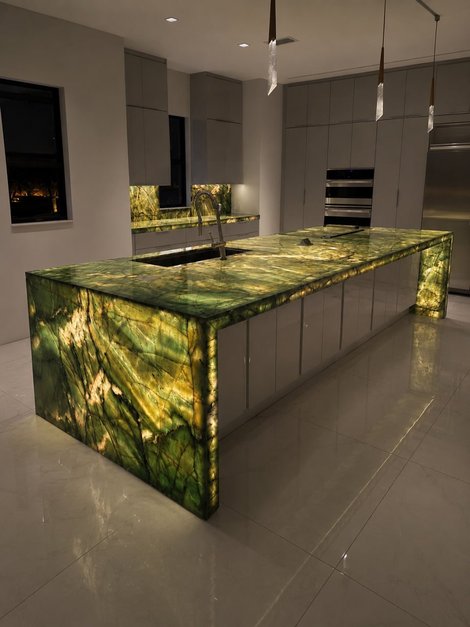 Backlit green quartzite kitchen at night